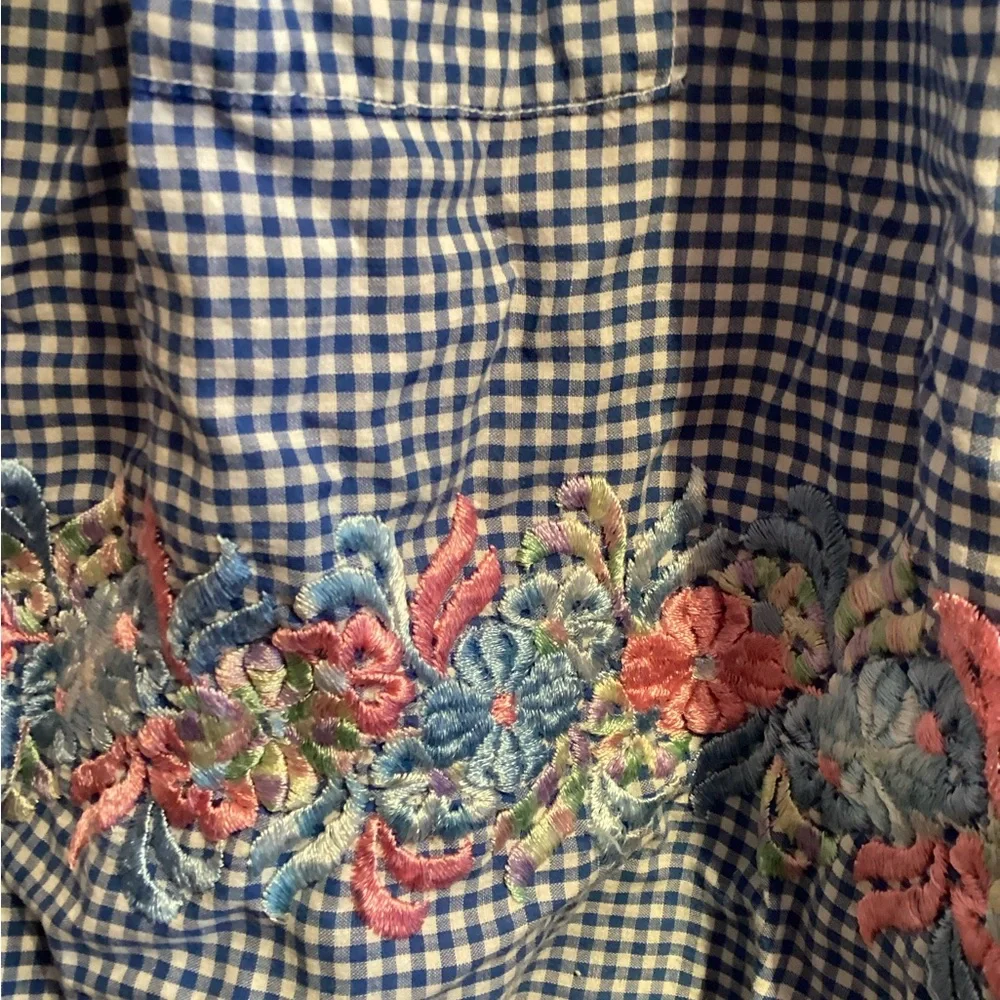 Vintage Handmade Blue and White Gingham Half Apron with Floral Embroidery